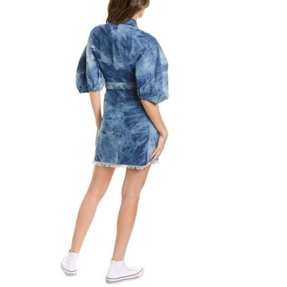 Divine Heritage Denim Tie Dye Dress Size XS Mini Fringe Hem Puff Sleeve Western - Picture 2 of 13